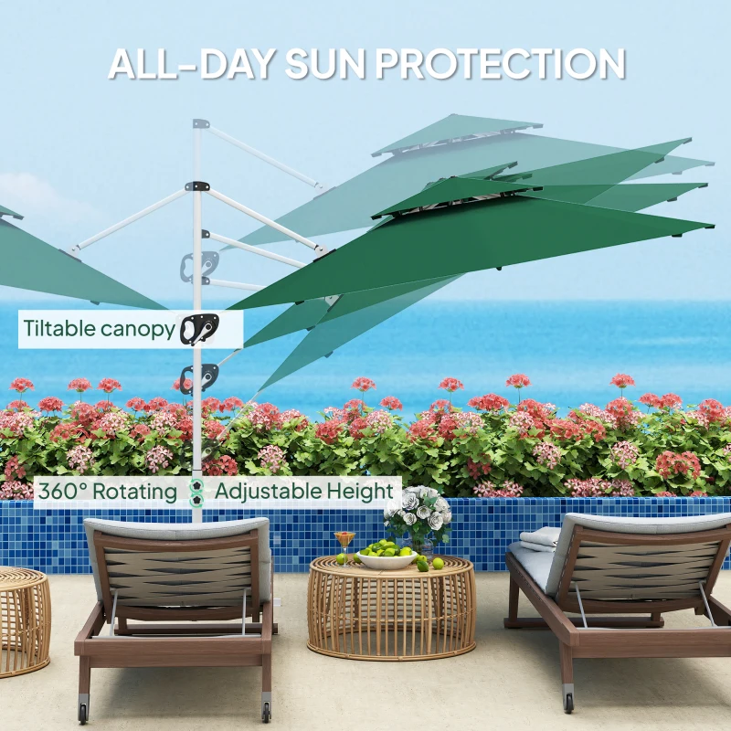 Outsunny 10 FT Cantilever Patio Umbrella with 360° Rotation & Adjustable Height, Cross Base, Crank and Tilt, Dark Green