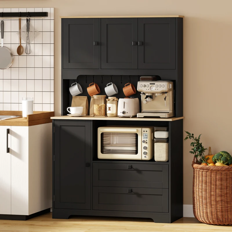 HOMCOM Kitchen Pantry Cabinet, 64" Tall Kitchen Hutch with 3 Cabinets, 2 Drawers, Adjustable Shelves, Microwave Stand, Black