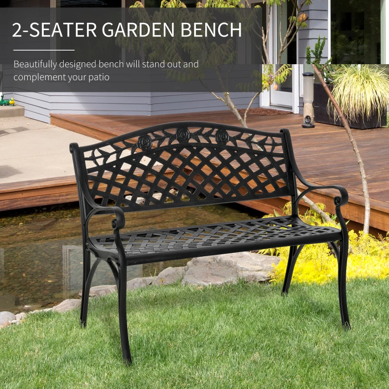 Outsunny Outdoor Garden Bench, 40" Patio Bench with Aluminum Frame and Armrests, 2-Person Patio Loveseat with Floral Pattern for Park, Porch, Yard, Lawn, 485 LBS Capacity
