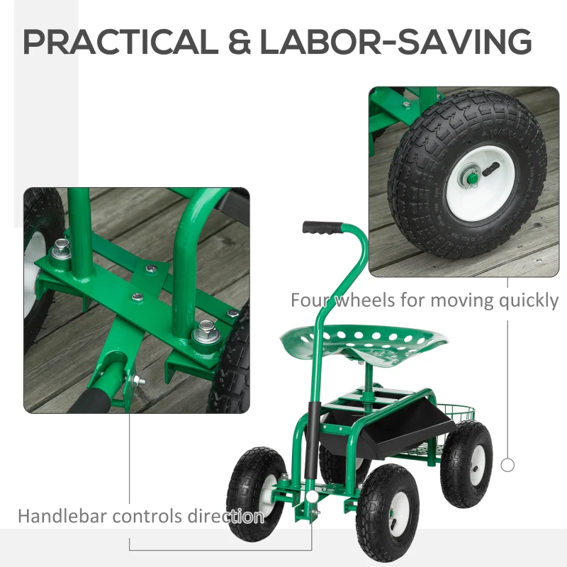 Outsunny Garden Scooter, Rolling Cart with Swivel and Adjustable Seat, Tool Tray, Bucket Basket, Green and Black