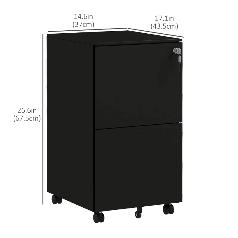 Vinsetto Vertical Steel Filing Cabinet on Wheels, 2-Drawer Lockable File Cabinet with Adjustable Hanging Bar for A4, Legal and Letter Size, Black