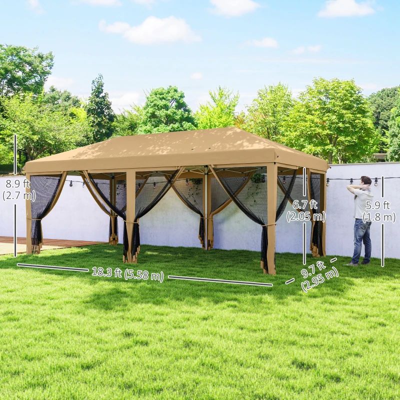 Outsunny 10' x 20' Pop Up Canopy Tent Gazebo with Removable Mesh Sidewall Netting, Carry Bag for Backyard Patio Outdoor, Beige