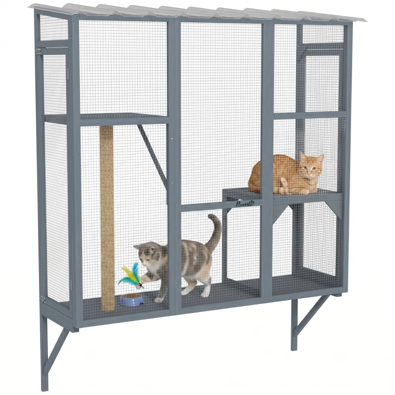 PawHut Wooden Catio Outdoor, Cat Window Box Enclosure for 2-3 Large Cats with 2 Jumping Platforms & Scratching Post, Grey