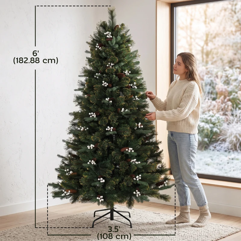 HOMCOM 6ft Christmas Tree with 716 Branch Tips, Easy-Assembly Hinged Design, Artificial Fir Xmas Tree for Home Office Holiday