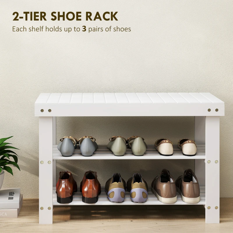 HOMCOM Bamboo Shoe Storage Bench, 3-Tier Entryway Bench with 2 Storage Shelves for Hallway, Holds 6 Pairs, White