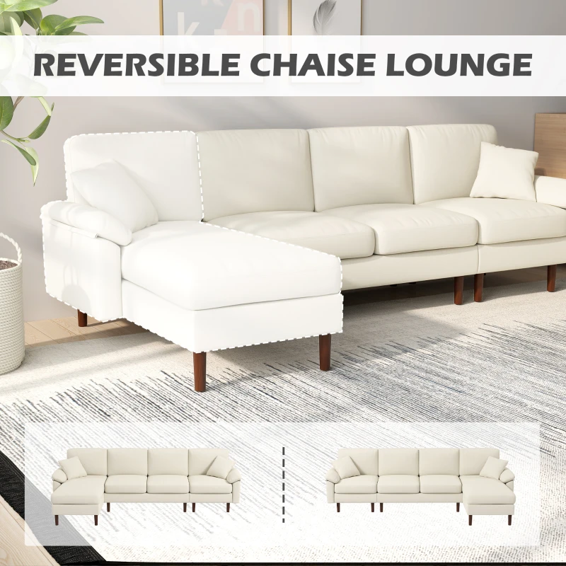 HOMCOM L-Shape Sofa, Modern Sectional Couch with Changeable Chaise Lounge, Pillows and Wooden Legs for Living Room, Cream White