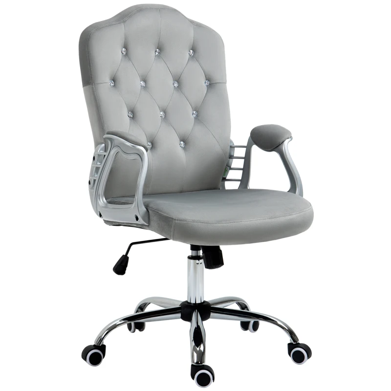 Vinsetto Office Chair, Velvet Computer Desk Chair with Swivel Wheels, Adjustable Height, Tilt Function, Button Tufted, Grey