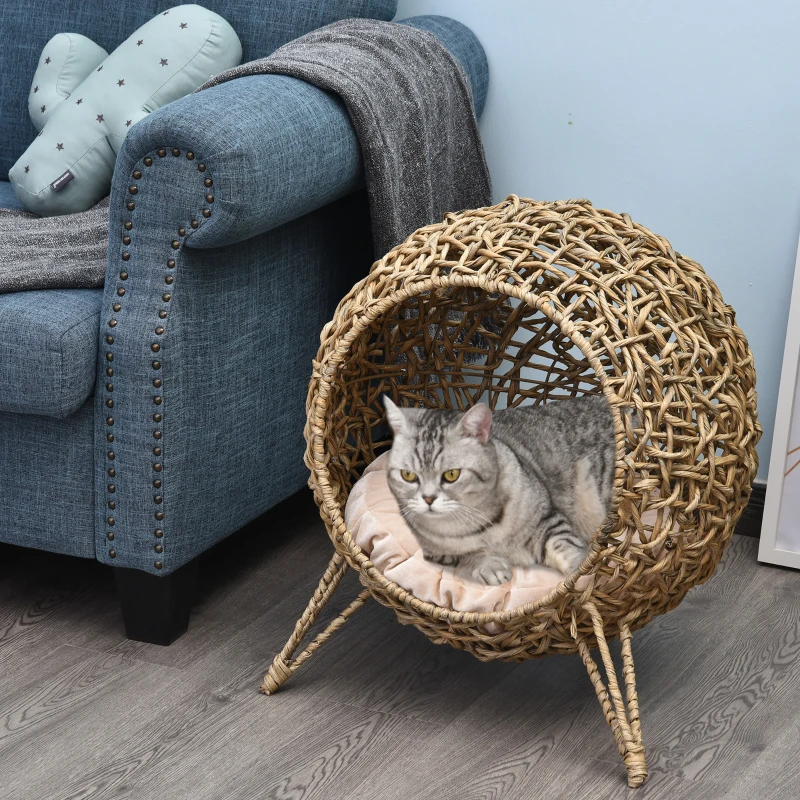 PawHut Rattan Cat House with Cushion, Elevated Wicker Kitten Bed for Indoor Cats, Natural Wood