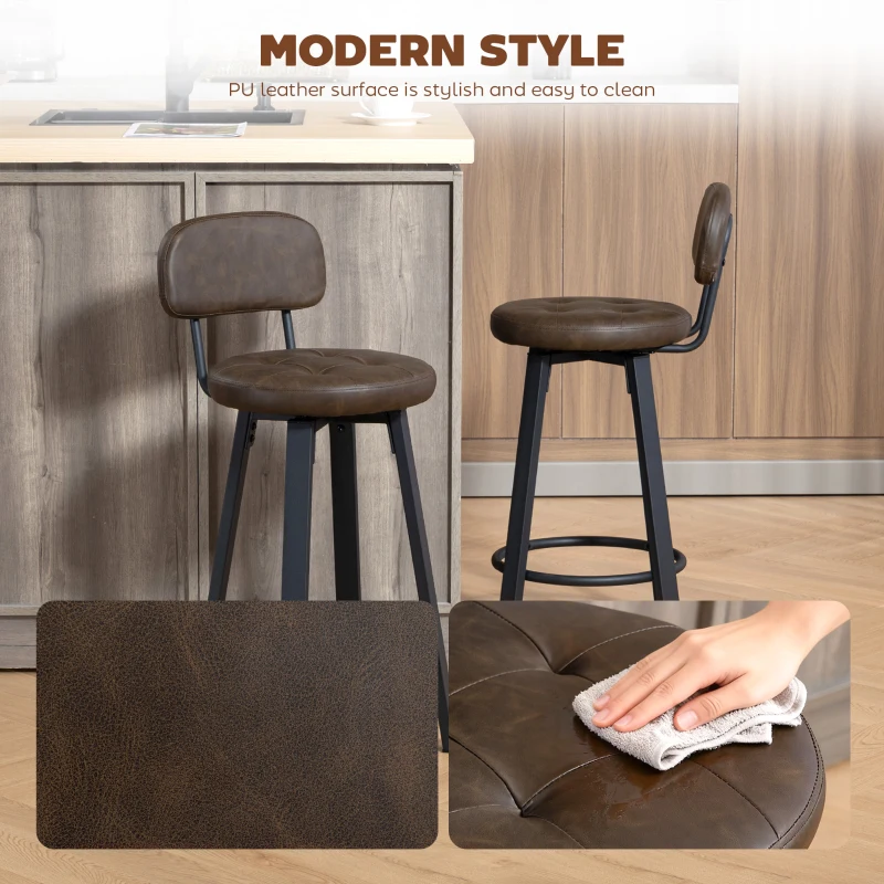 HOMCOM Bar Stools Set of 2, Upholstered Breakfast Bar Chairs with Footrest and Backrest for Kitchen Counter, Brown