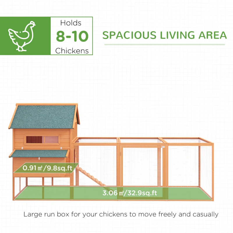 PawHut 137" Chicken Coop with Extra Large Run, Hen House, Wooden Rabbit Hutch Poultry Bunny Cage with Nesting Box,  Waterproof Roof for Backyard, for 4-6 Chickens, Orange
