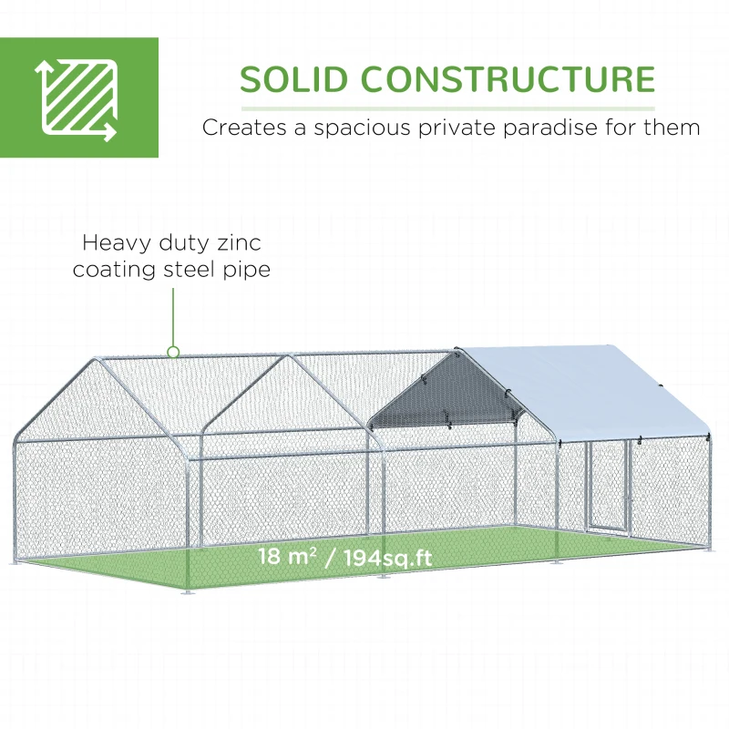 PawHut Large Chicken Coop Metal Chicken Run for Chicken with Waterproof and Anti-UV Cover, Spire Shaped Walk-in Fence Cage Hen House for Outdoor and Yard Farm Use, 1.26" Dia, 9.8' x 19.7' x 6.4'