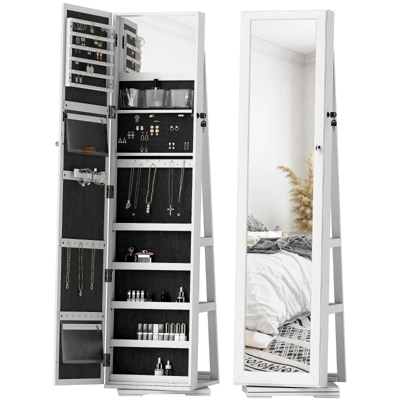 HOMCOM 360° Swivel Jewelry Armoire, Lockable Mirror Jewelry Cabinet with Built-In Small Mirror, White