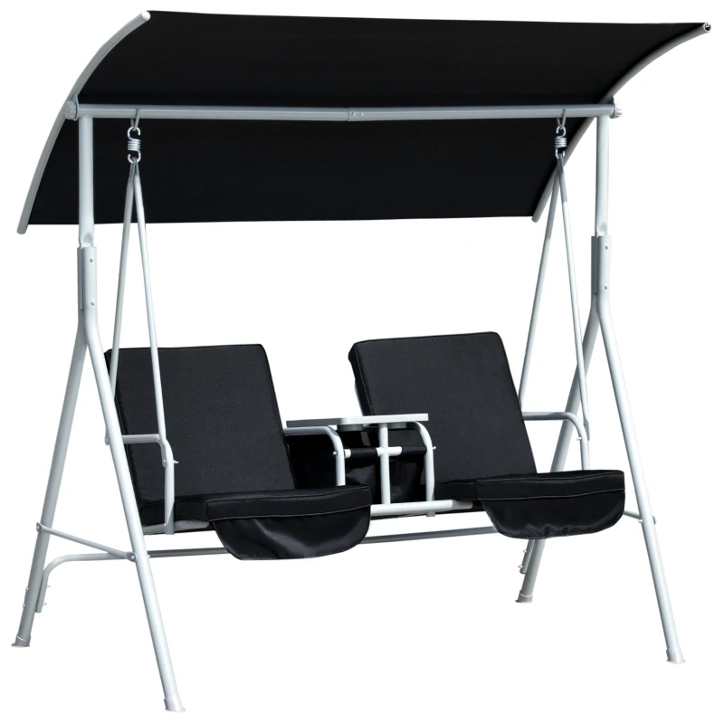 Outsunny Double Outdoor Swing Chair 2 Person Covered Swing Porch Swing w/ Pivot Table and Storage Console, Black