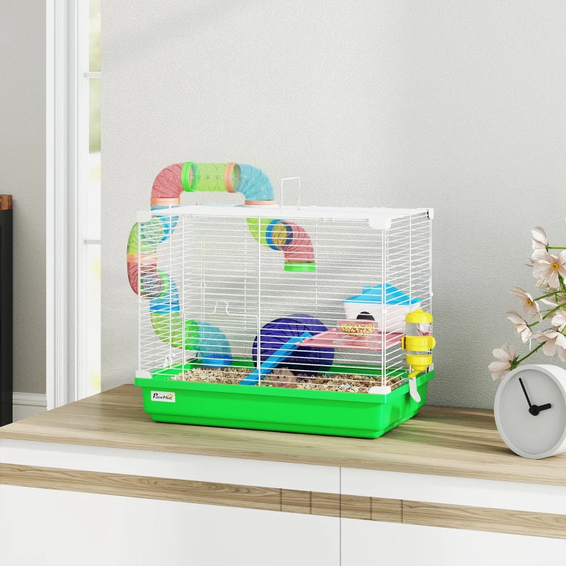 PawHut 18"L Hamster Cage, Small Animal House, 2-Level Rat Gerbil Haven with Tunnel Tube System, Green