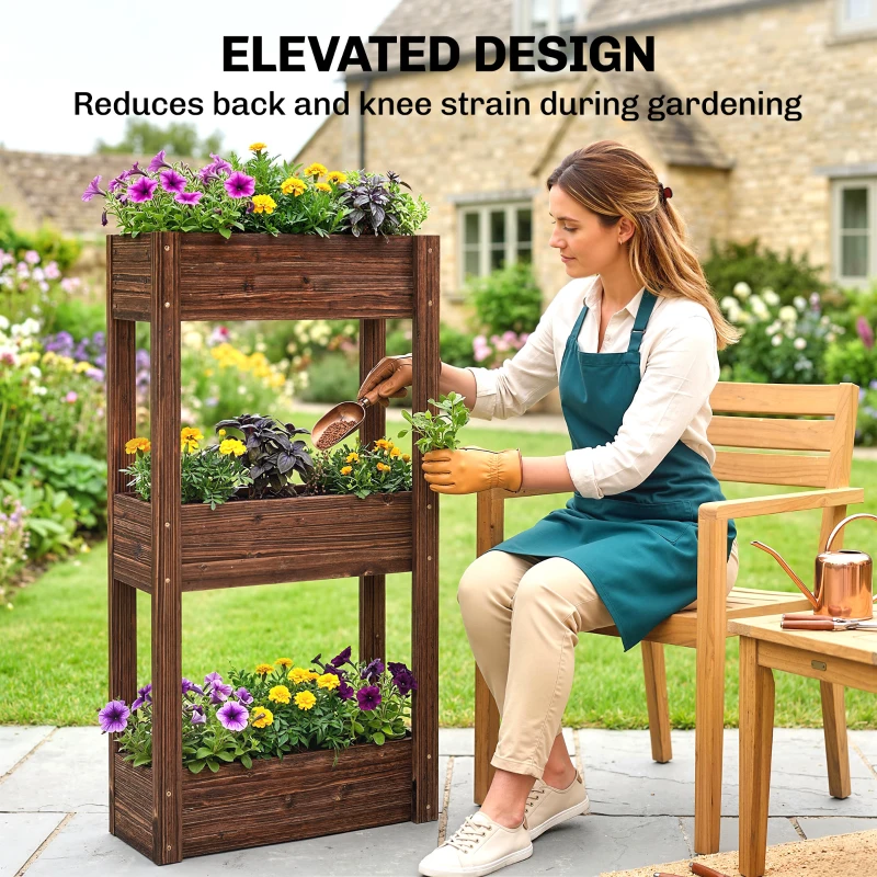 Outsunny 3-Tier Wooden Raised Garden Bed with Legs, 23.6" x 9.8" x 47.2" Elevated Planter Box with Drainage Holes and Bed Liner