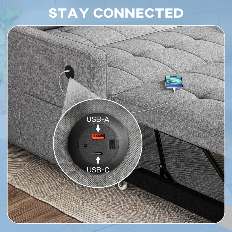 HOMCOM Pull Out Sofa Bed, Sleeper Sofa Couch with USB Ports, Small Linen Loveseat Futon Couch for Living Room, Grey