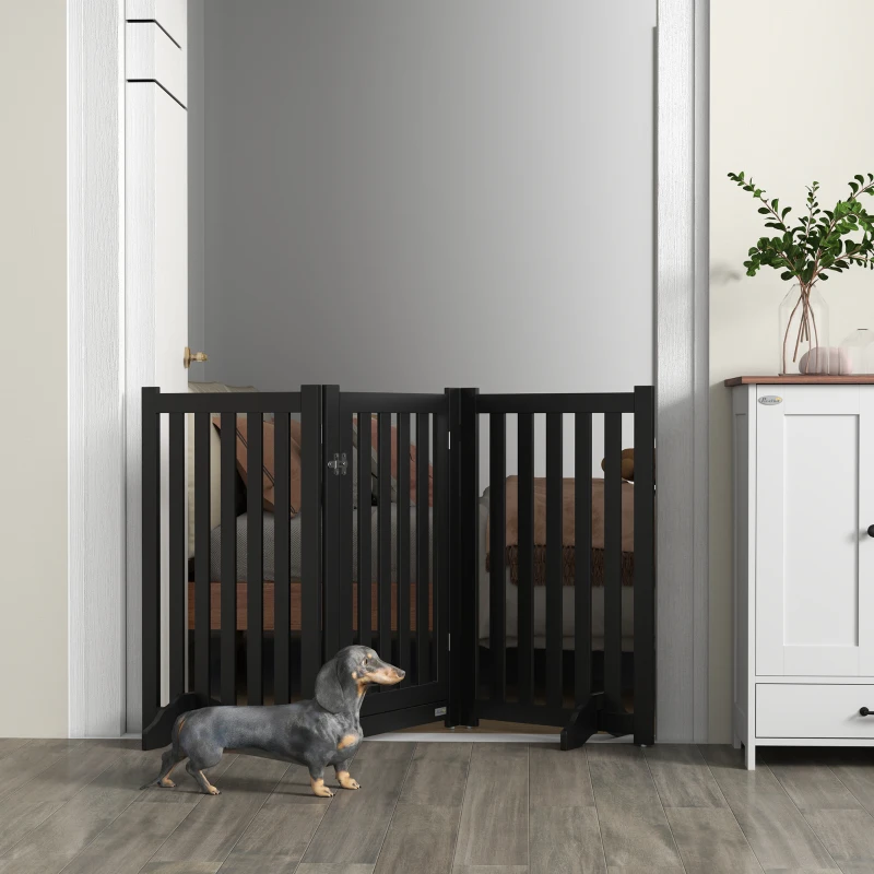 PawHut 3-Panel Foldable Dog Gate with Feet for Medium Dogs and Below, Black