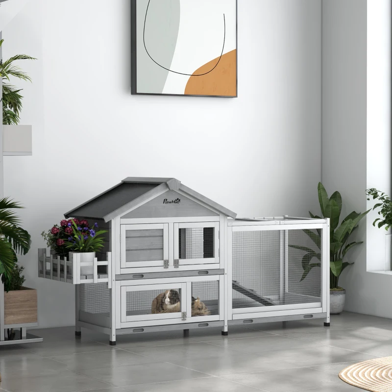 PawHut 65" Wooden Rabbit Hutch, Pet Playpen with Openable Roof, Storage Box, for Rabbits and Small Animals, Grey