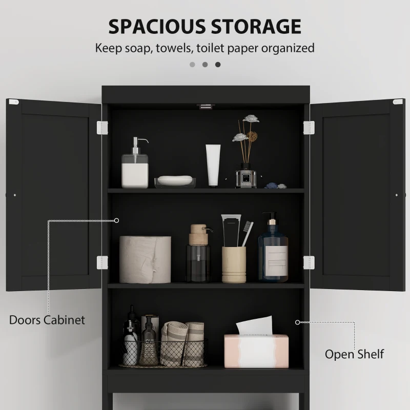 HOMCOM Over The Toilet Storage Shelf, Modern Bathroom Above Toilet Storage with Barn Doors and Open Shelf, Black