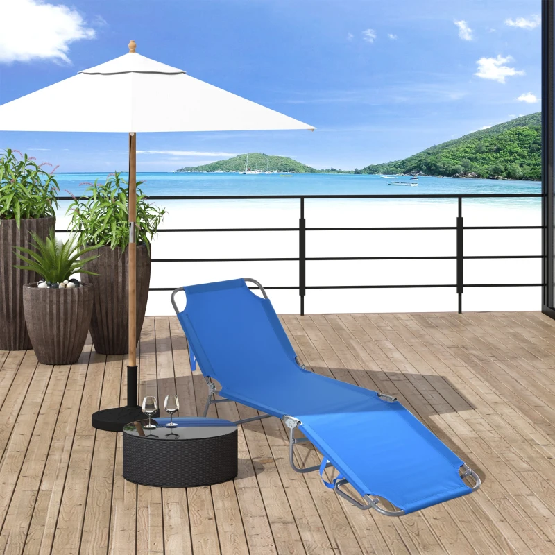 Outsunny Folding Outdoor Lounge Chair, Portable Reclining Beach Lounger with Breathable Mesh Fabric, Sun Lounge Bed Camping Cot for Patio, Garden, Poolside, Blue