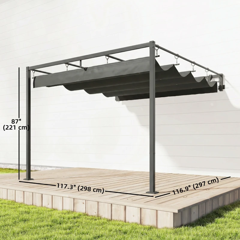 Outsunny 10' x 10' Retractable Pergola Canopy, Wall-Mounted Pergola, Outdoor Sun Shade Shelter for Garden, Balcony, Dark Grey