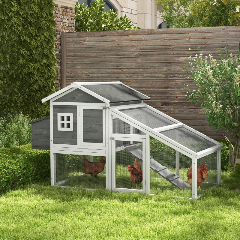 PawHut 69" Wooden Chicken Coop with Run, Nesting Box, Tray, Grey