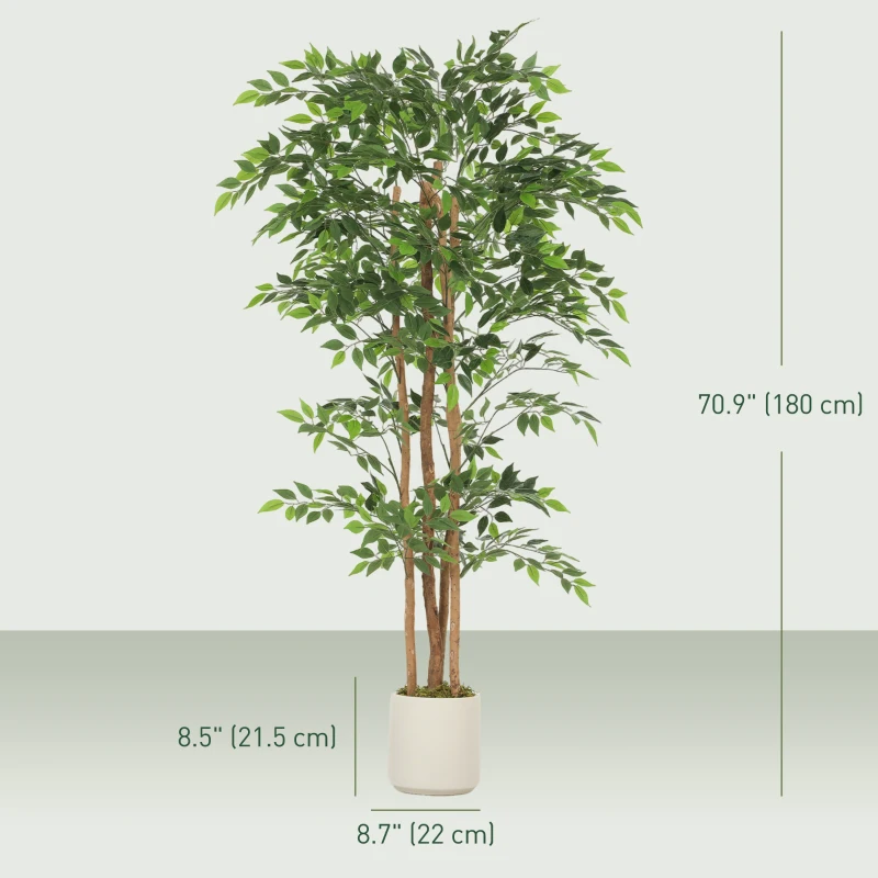HOMCOM 6FT Artificial Banyan Tree Set of 2, Fake Potted Tree with Solid Wood Trunk and Pot for Indoor