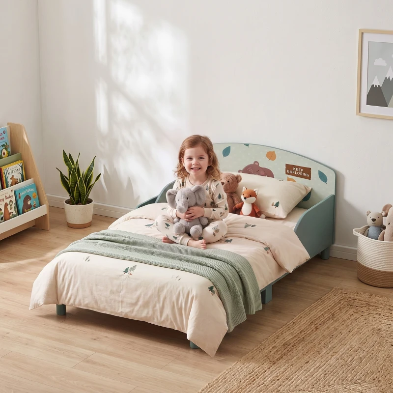 Qaba Toddler Bed with Bedside Storage, Guard Rails, Montessori Bed for Ages 3-8, Fits 132x70x10cm Mattress, Green Bear Print