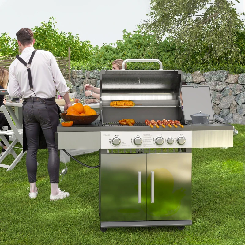 Outsunny 4+1 Burner Liquid Propane Gas Grill Outdoor Portable BBQ with Side Burner, Warming Rack, Side Shelf, Storage Cabinet, Thermometer, 4 Wheels, Tank Holder, Silver