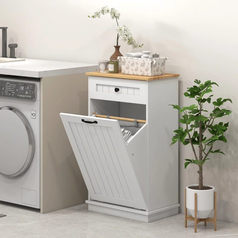 HOMCOM Laundry Cabinet with Removable Basket and Drawer, Tilt-Out Laundry Hamper for Bathroom, Living Room, White