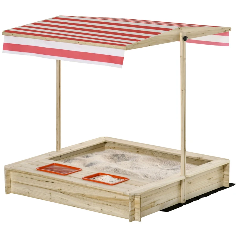 Outsunny Kids Wooden Sandbox Outdoor Children Sand Playset w/ Adjustable Canopy Shade, Bottom Liner, Seat, Plastic Basin, for 3-8 Years Old Boys and Girls