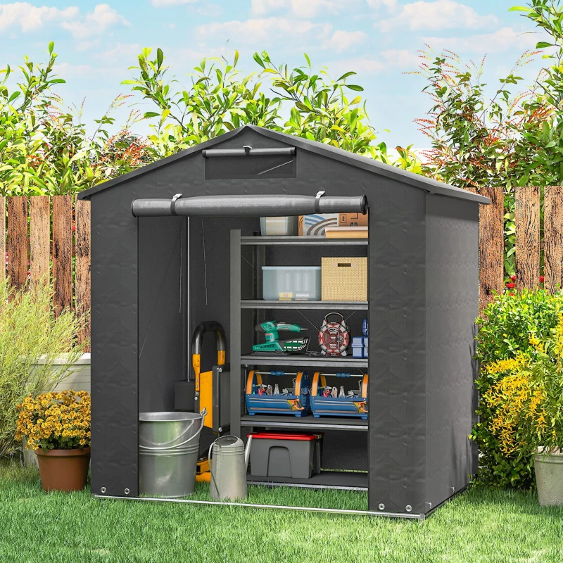 Outsunny 6' x 4' Portable Shed, Waterproof Bike Tent with Roll-up Zipper Door, Vent and Galvanised Metal Frame, Dark Grey