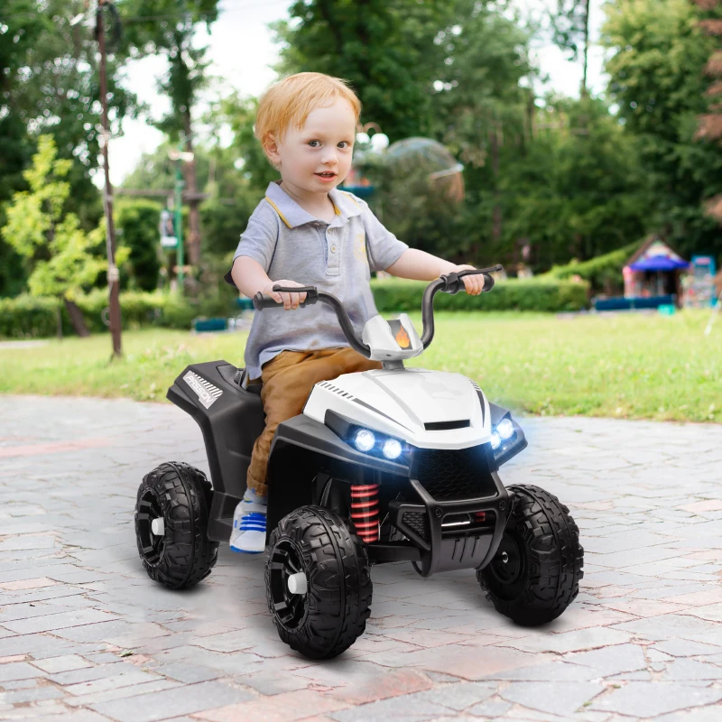 Qaba 12V Kids ATV with Four Wheels Spring Suspension, Forward & Backward, LED Light, MP3, Music, White