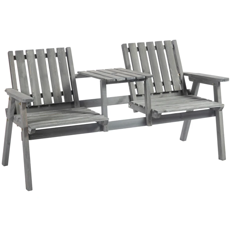 Outsunny 2-Seater Outdoor Bench with Middle Table, Wooden Garden Bench with Parasol Hole, Patio Loveseat for Yard, Porch, Grey