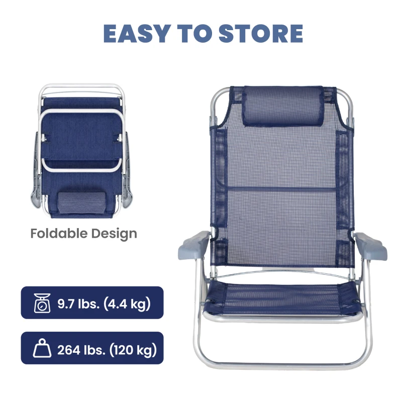 Outsunny Set of 2 Camping Chairs, Beach Chairs with Adjustable Backrest and Headrest, Folding Chair for Outdoor, Dark Blue
