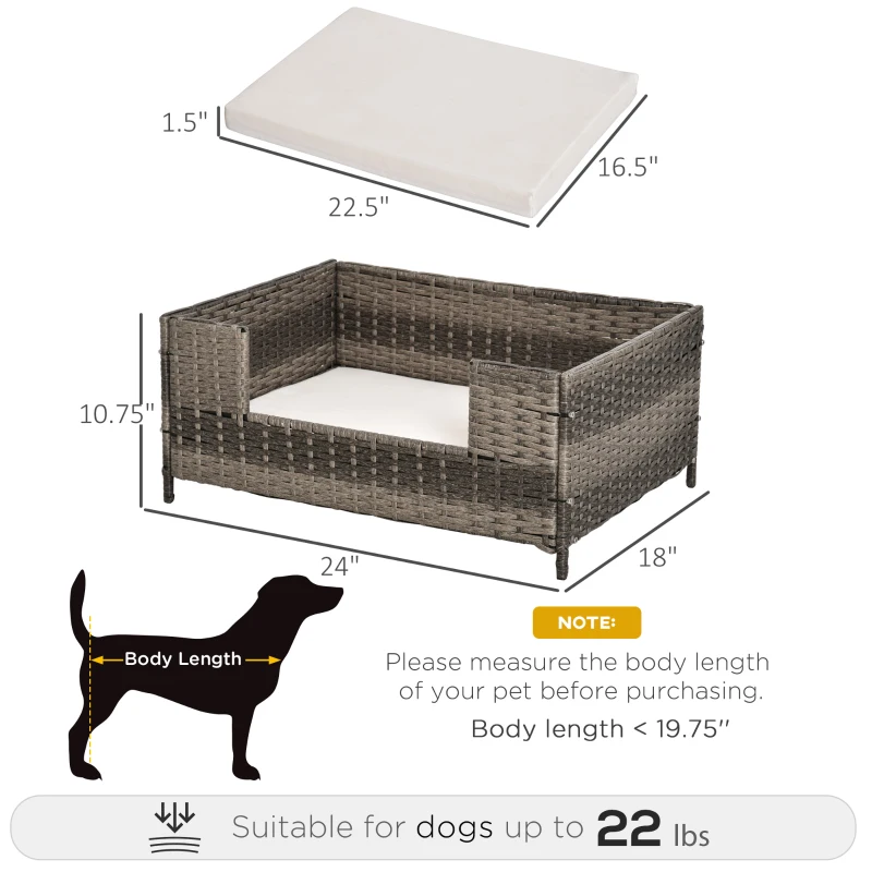 PawHut Rattan Pet Bed Raised Wicker Dog Sofa for Doggy and Cat Indoor & Outdoor with Soft Washable Cushion Grey