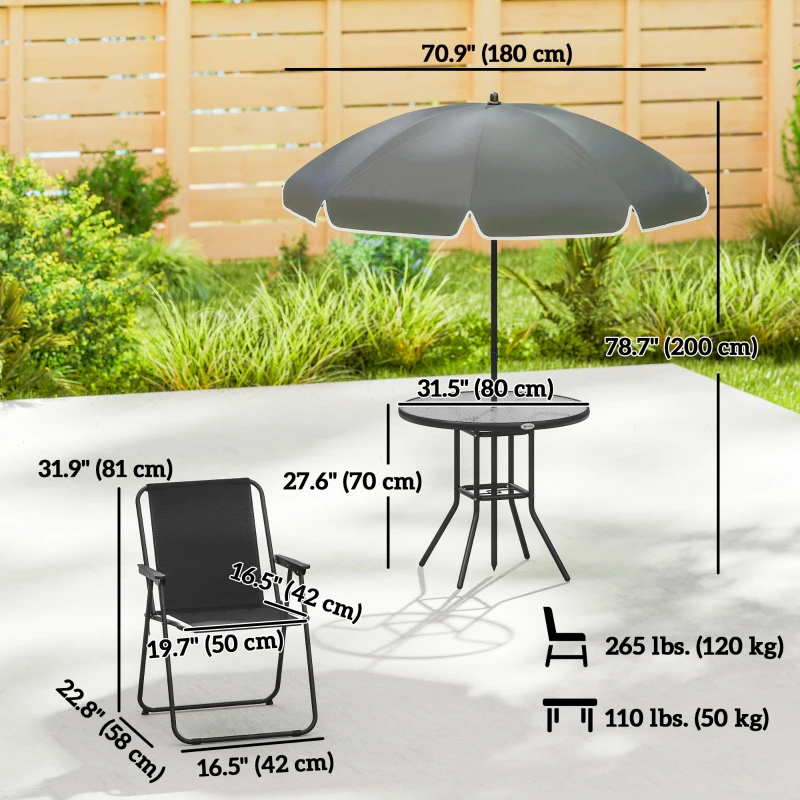 Outsunny 6 Pieces Patio Dining Set with Umbrella, Patio Furniture Set with Folding Chairs, Glass Table for Garden Backyard, Black