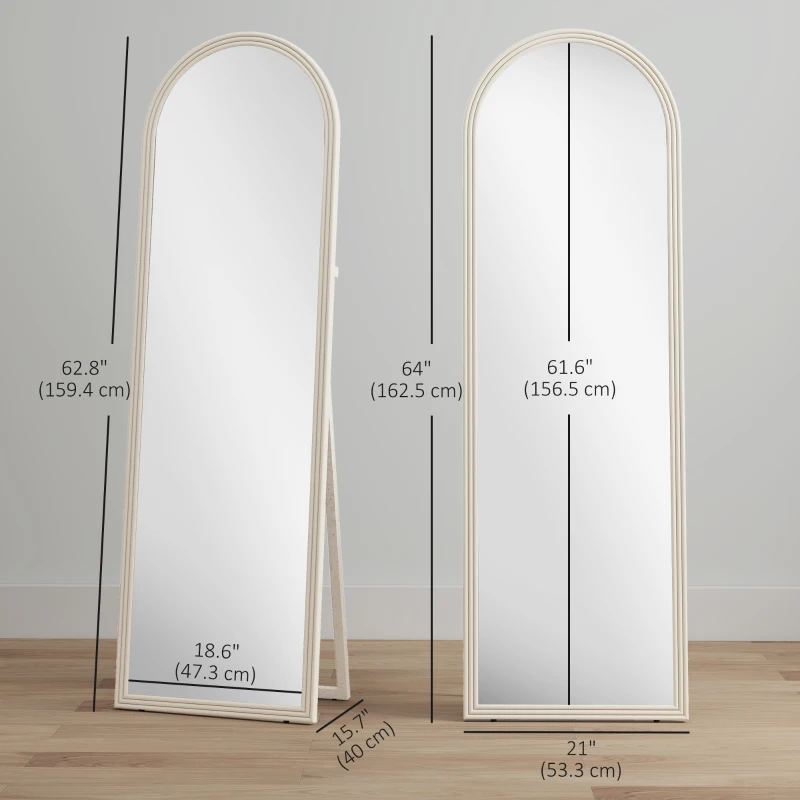 HOMCOM 64" x 21" Full Length Mirror, Free Standing, Leaning or Wall, Arched Full Body Mirror with Faux Stone Frame, White