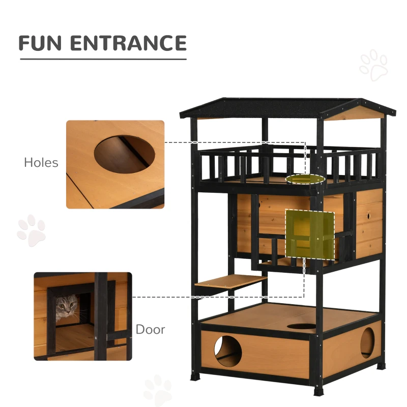PawHut 4-Floor Wood Outdoor Cat House Catio for Cats with Condo, Fun Entrances, Perch, Natural