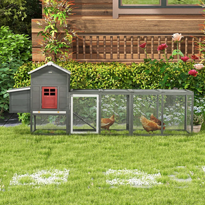PawHut 118" Extra Large Chicken Coop with Asphalt Roof, Wooden Hen Run with Slide-Out Tray and Nesting Box, Chicken Hutch for 3-6 Chickens, Gray