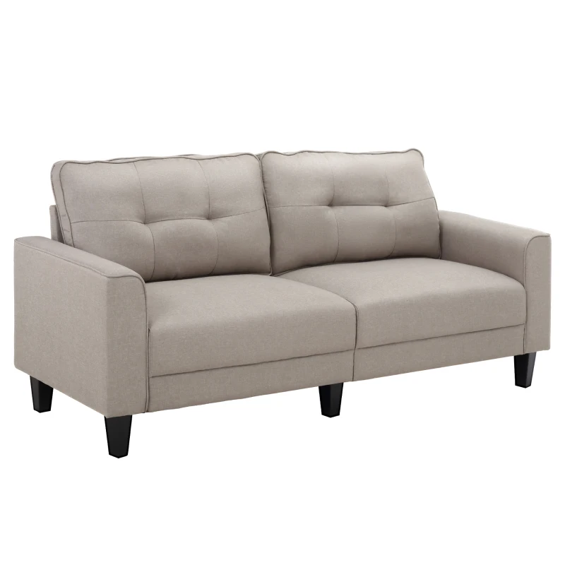 HOMCOM 3-Seater Sofa, Mid-Century Linen Couch with Upholstered Seat, Button-Tufted Back Cushion and Rubber Wood Legs for Living Room, Bedroom, Beige