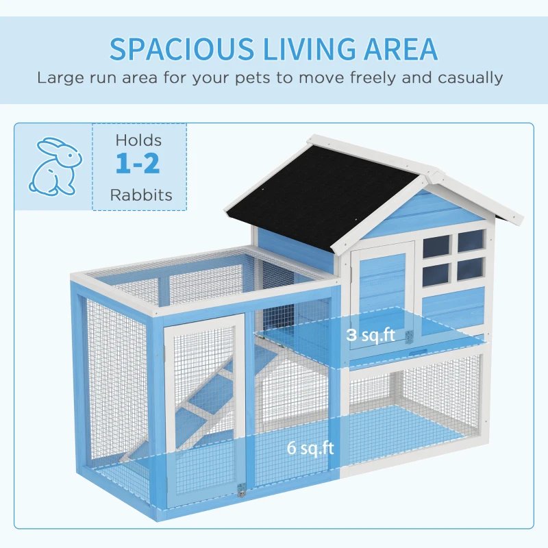 PawHut 49" Wooden Rabbit Hutch Bunny Cage with Waterproof Asphalt Roof, Fun Outdoor Run, Removable Tray and Ramp, Light Blue