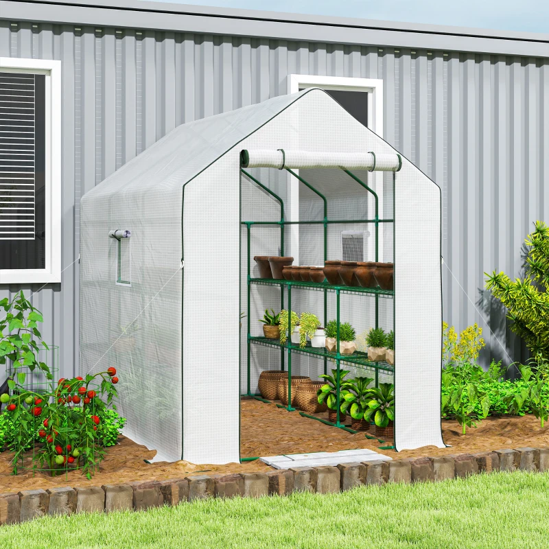 Outsunny Walk-in Greenhouse with 3 Tier, Garden Plant Growhouse with Roll-up Door and Mesh Windows, 140 x 213 x 190 cm, White
