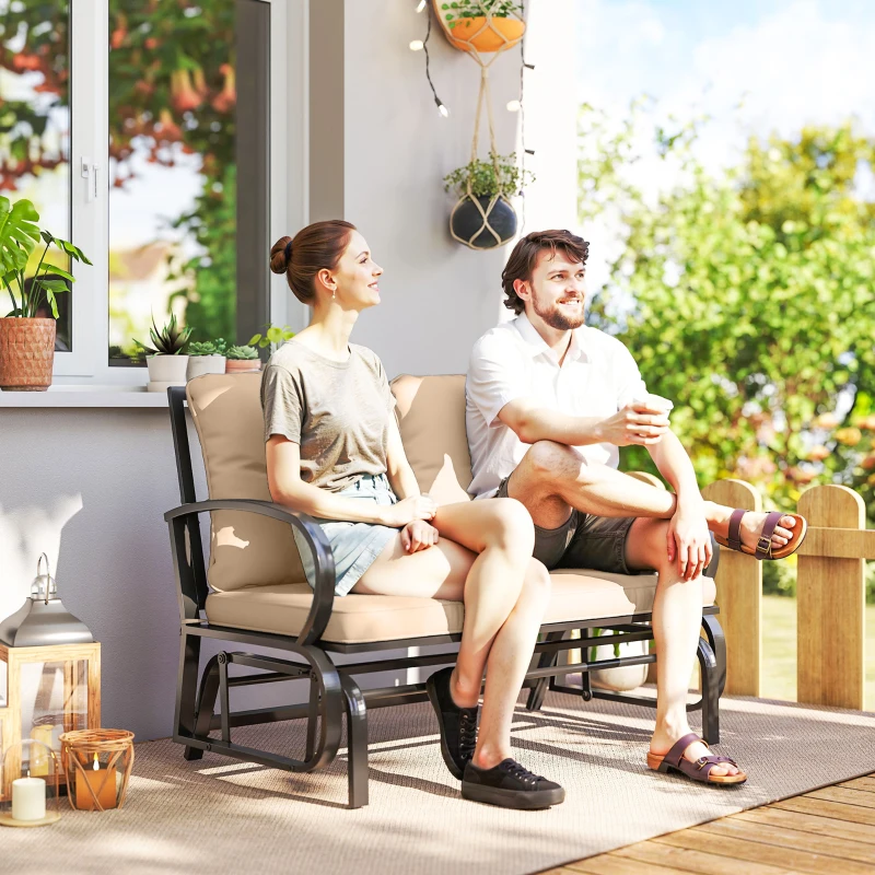 Outsunny 2-Person Outdoor Glider Chair, Patio Double Rocking Loveseat with Steel Frame and Cushions for Backyard, Garden and Porch, Khaki