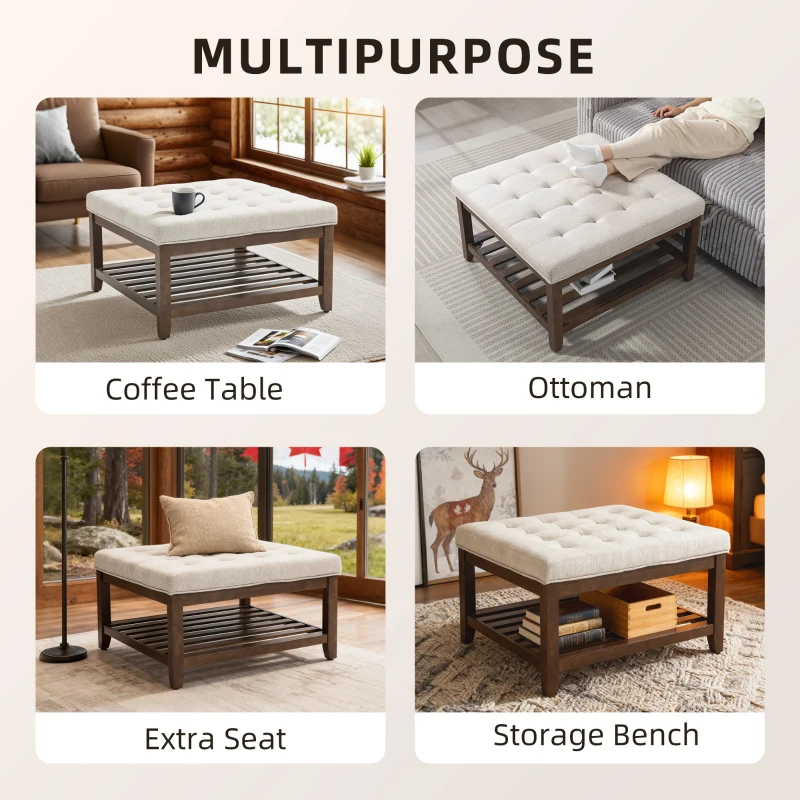 HOMCOM Ottoman Coffee Table, 32 Inch Square Footrest Ottoman with Storage, Linen Upholstered Tufted Footstool, Beige