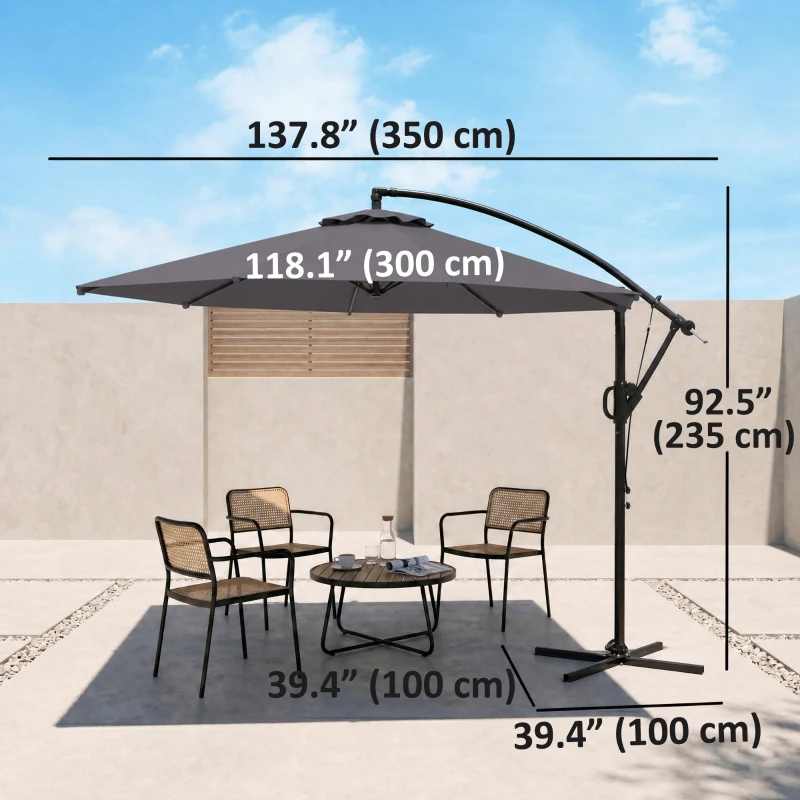 Outsunny 118.1" Patio Offset Umbrella with Cover and Wind Protection Strap,with Crank Handle and Tilt, UPF50+, Grey