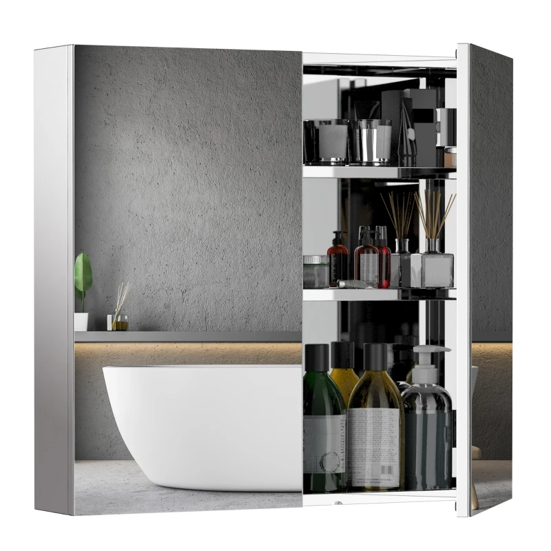 HOMCOM Wall Mounted Bathroom Cabinet with Mirror, Bathroom Medicine Cabinet with Mirror, 2 Doors and 3-tier Shelving, Silver