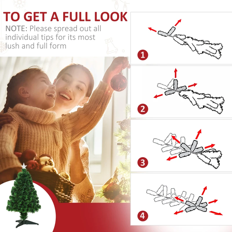 HOMCOM 2.5FT Prelit Artificial Tabletop Christmas Tree with Fibre Optics Holiday Home Xmas Decoration for Table and Desk Geen