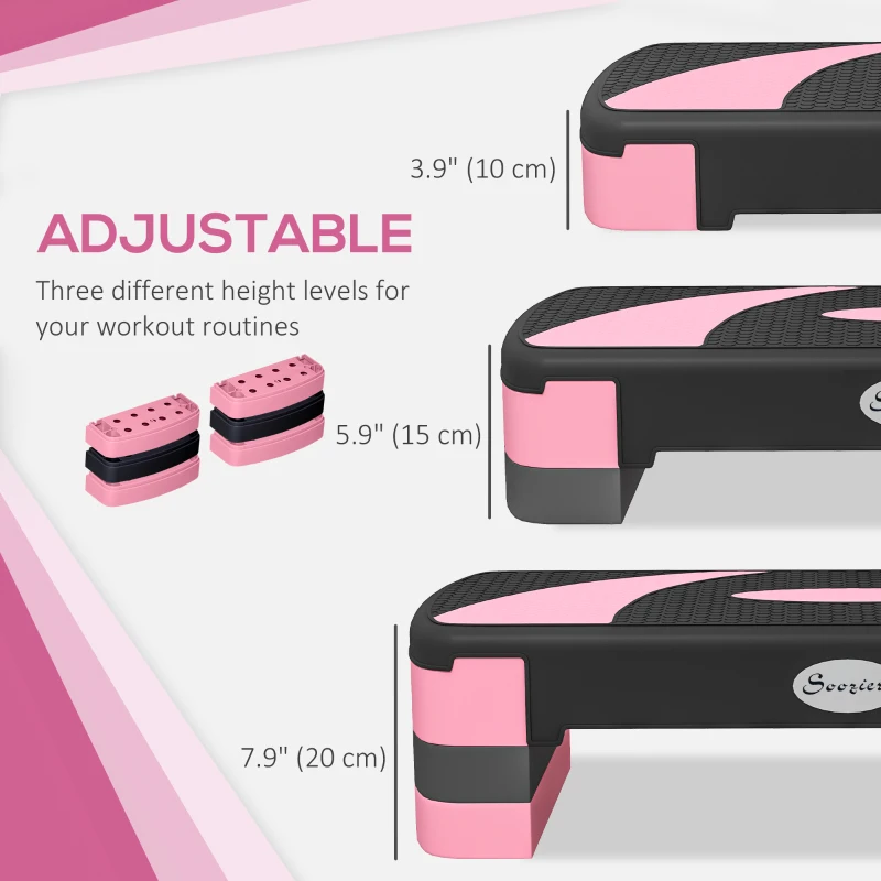 Soozier Adjustable Aerobic Stepper, 31.5" Wide Exercise Step Platform, Step Exercise Trainer, Workout Fitness Yoga Risers, 4"-6"-8", Pink