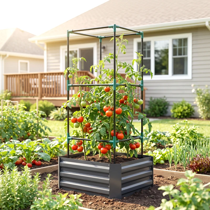 Outsunny Galvanized Planter Box, 24" x 24" x 55" Raised Garden Bed with Tomato Cage for Climbing Vines, Dark Gray